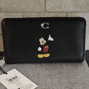 Coach Black Pebbled Leather Zip Wallet with Mickey Mouse